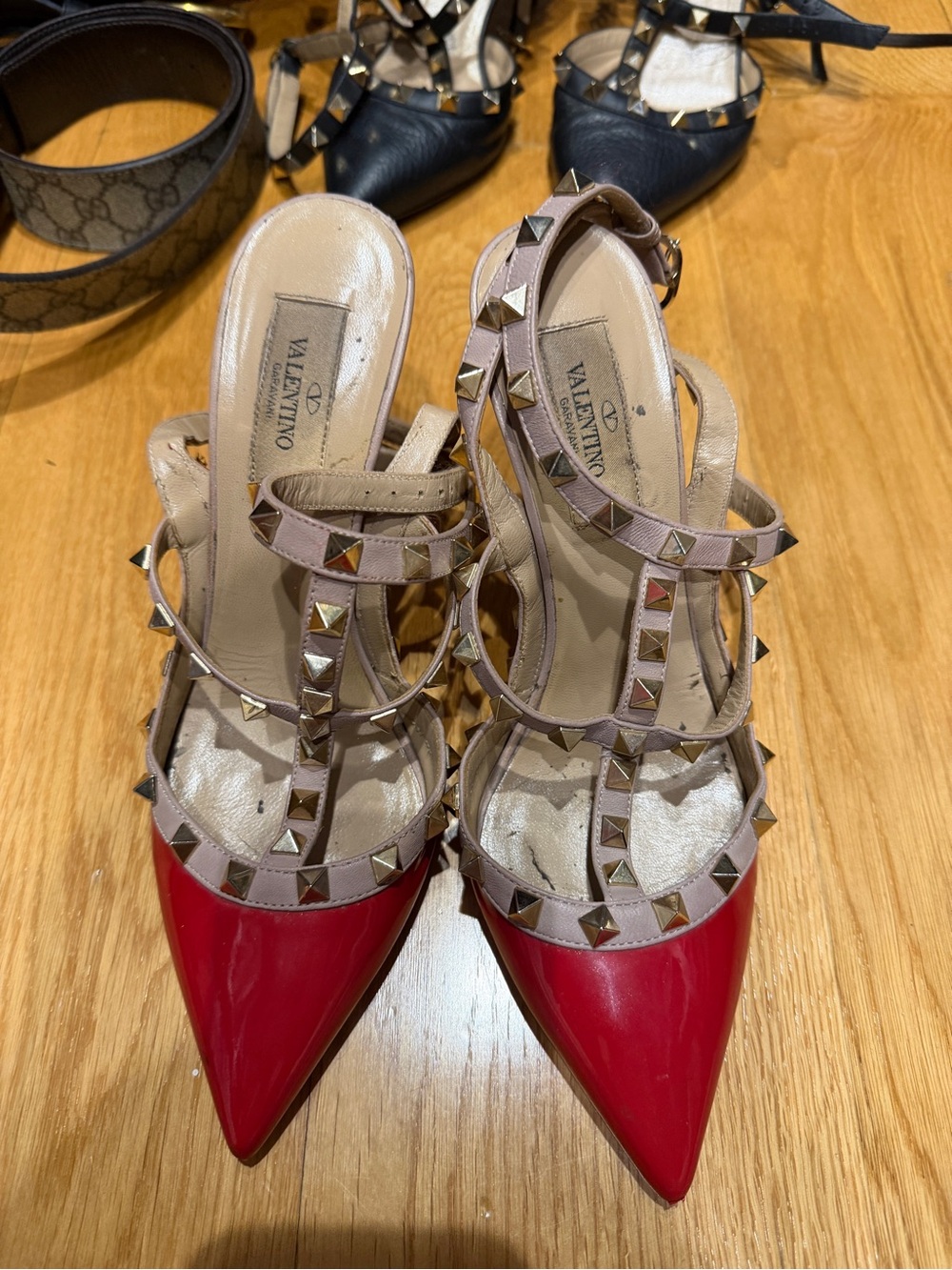 Valentino Red Patent Pointed-Toe Rockstud Strappy Pumps